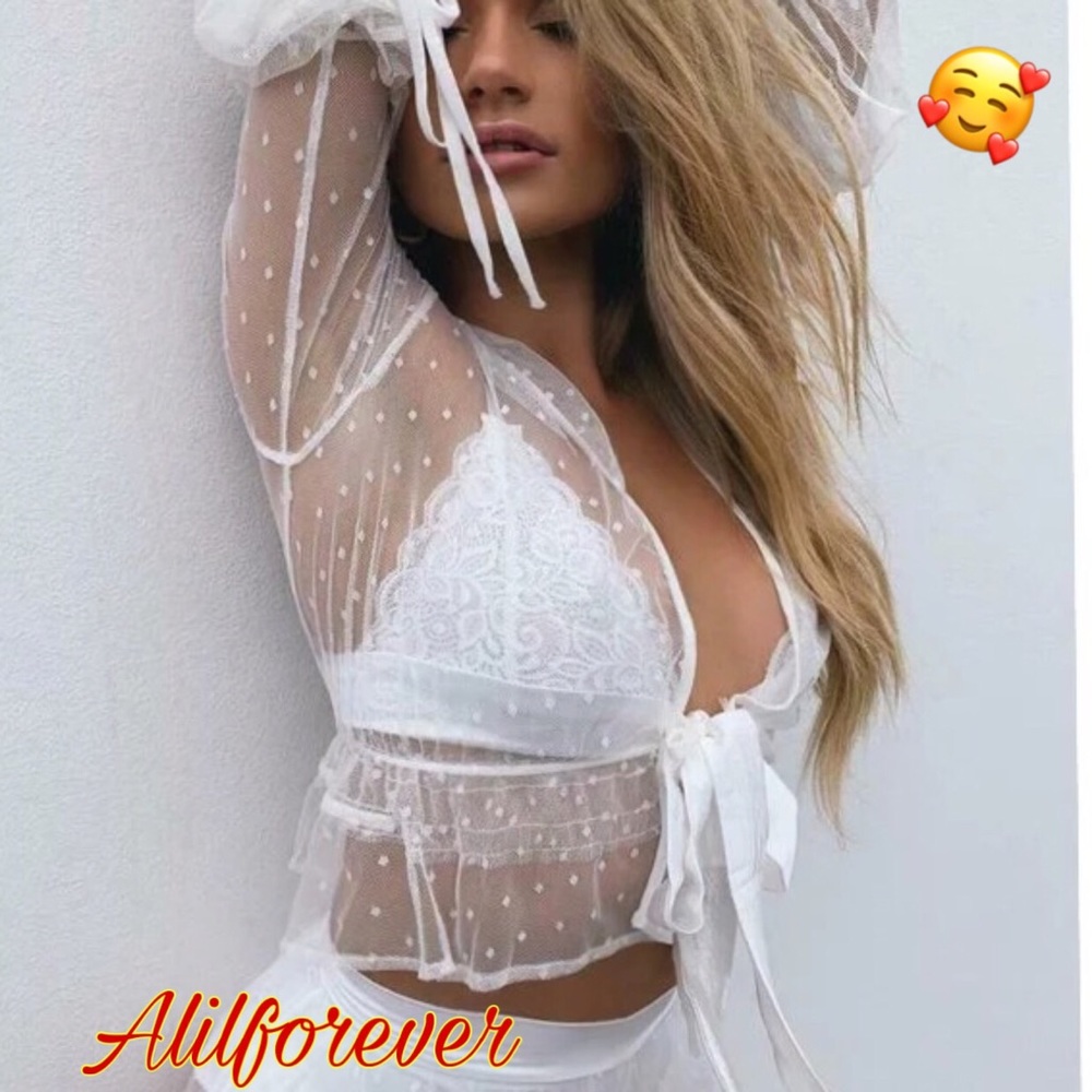 🦋White Mesh Lace Dots Shirt Cover Up Swimwear🥰 - Picture 2 of 7